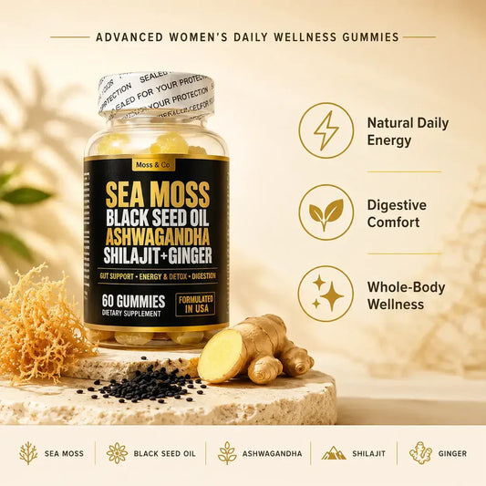 Moss & Co. Sea Moss, Black Seed Oil, Ashwagandha, Shilajit + Ginger Gummies
